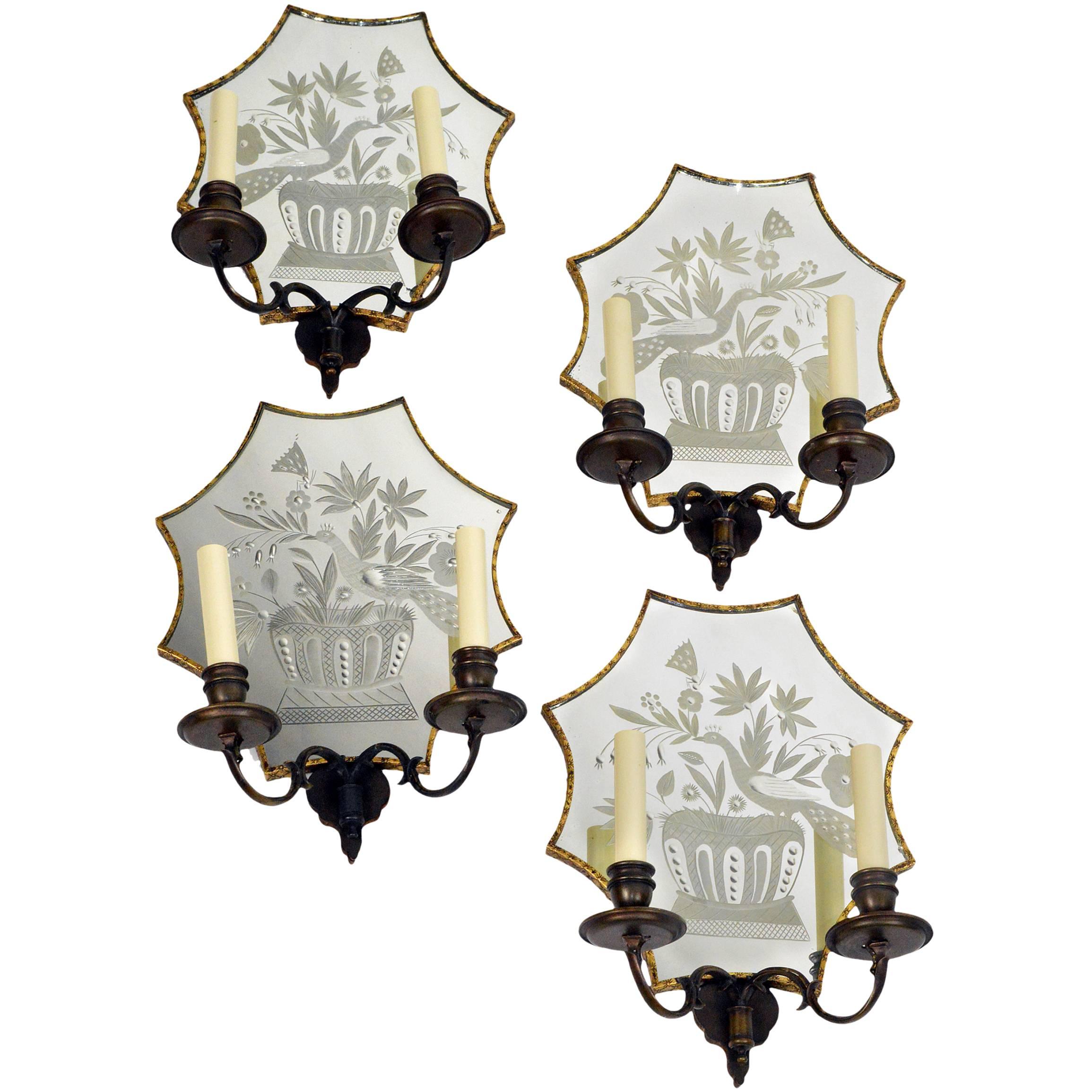 Set of Four Flower and Peacock Mirrored Back Sconces Signed Caldwell For Sale