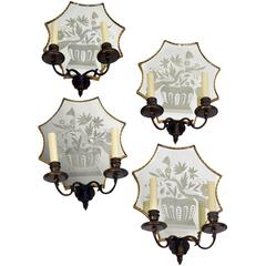Antique Set of Four Flower and Peacock Mirrored Back Sconces Signed Caldwell