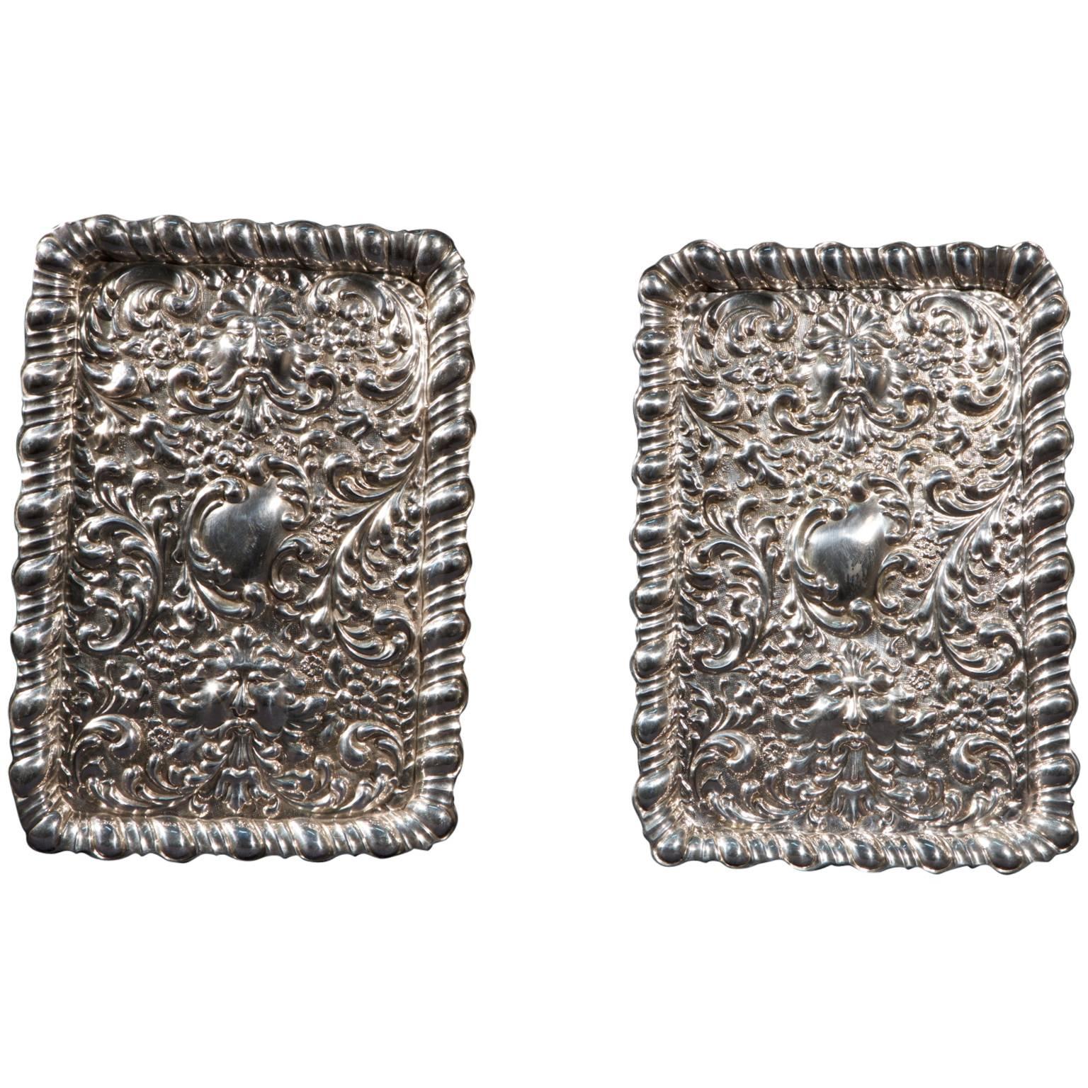   Pair of Antique English Silver Personal Cards Trays For Sale