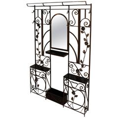 Metalwork Etagere or Hall Tree with Glass Shelves and Mirror