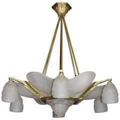 French Art Deco Six-Shade Chandelier by Verrerie des Hanots