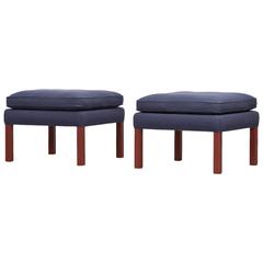 1960s Blue Cushions, Wooden Frame Set of Ottomans by Børge Mogensen