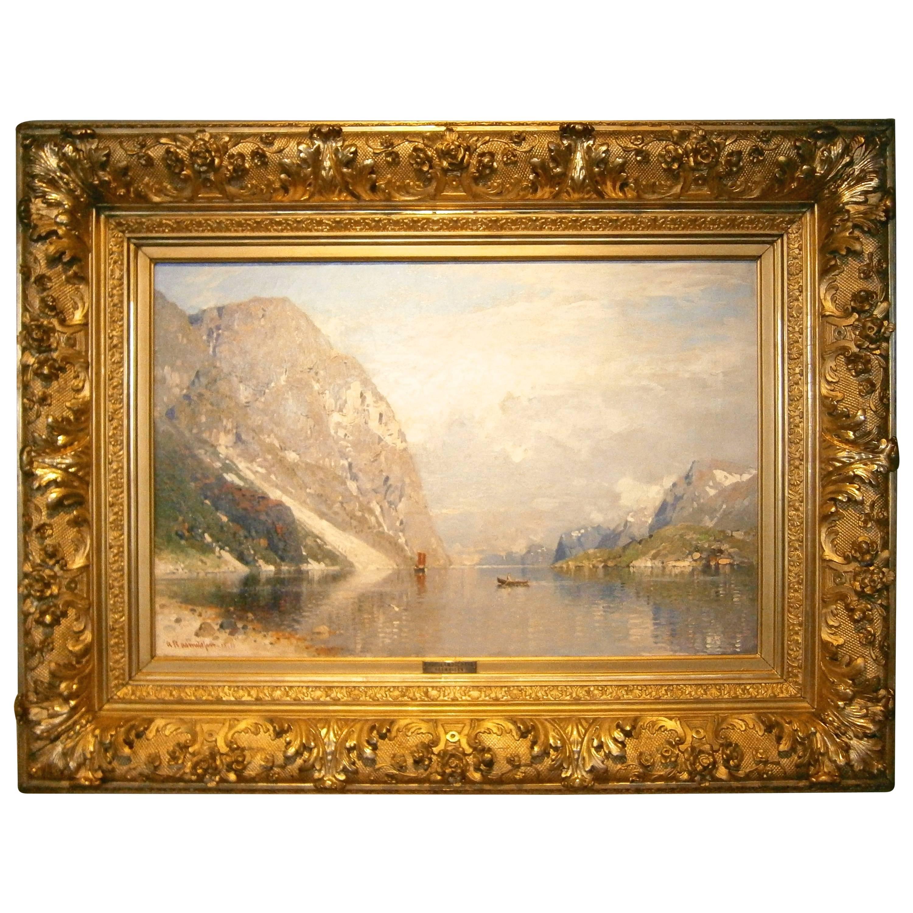 "Fjordslandschaft" An Atmospheric Oil by Georg Anton Rasmussen  C.1897 For Sale