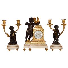 Bronze and Marble Three-Piece Clock Set, A.D. Mougin
