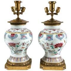 Pair of 1800s Chinese Family Rose Lamps with Gilt Bronze