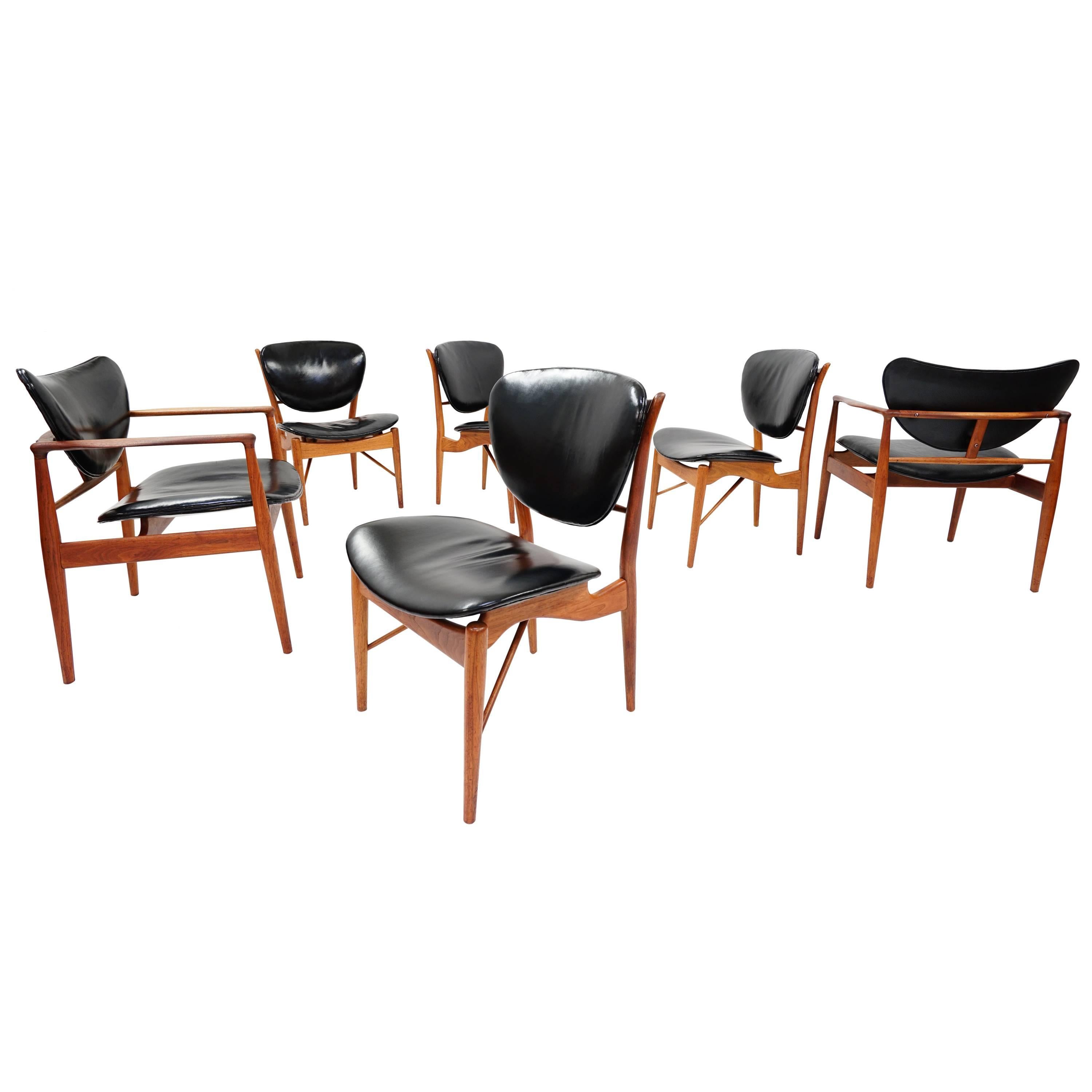 Set of Six Early Finn Juhl Walnut Dining Chairs with Original Ox Hide  For Sale