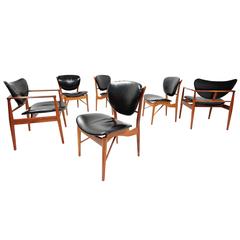Set of Six Early Finn Juhl Walnut Dining Chairs with Original Ox Hide 