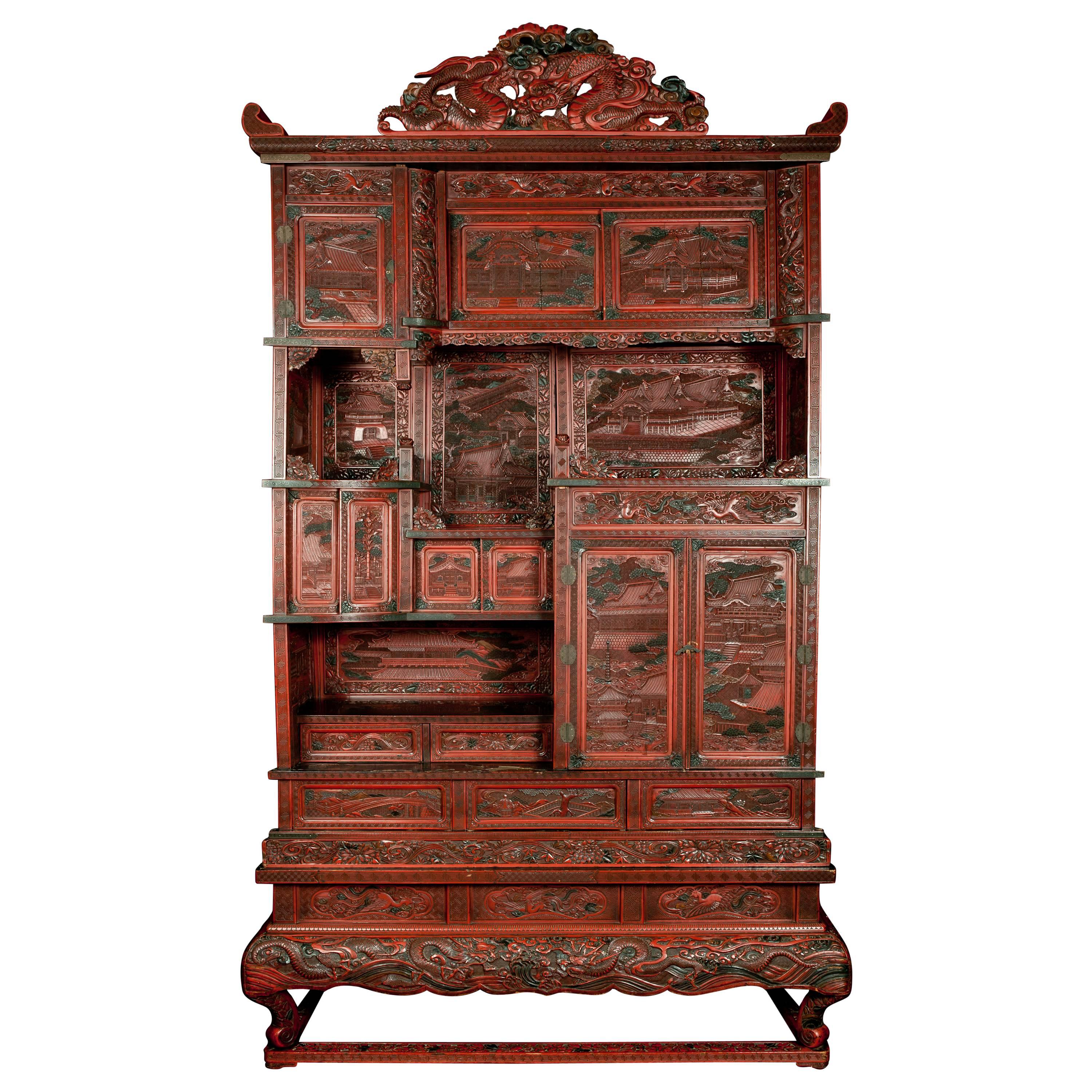 Grand Scale 19th Century Cinnabar Cabinet For Sale