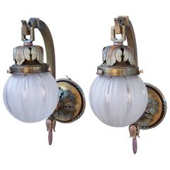 Antique Pair of Outstanding Polychrome 1920s Sconces