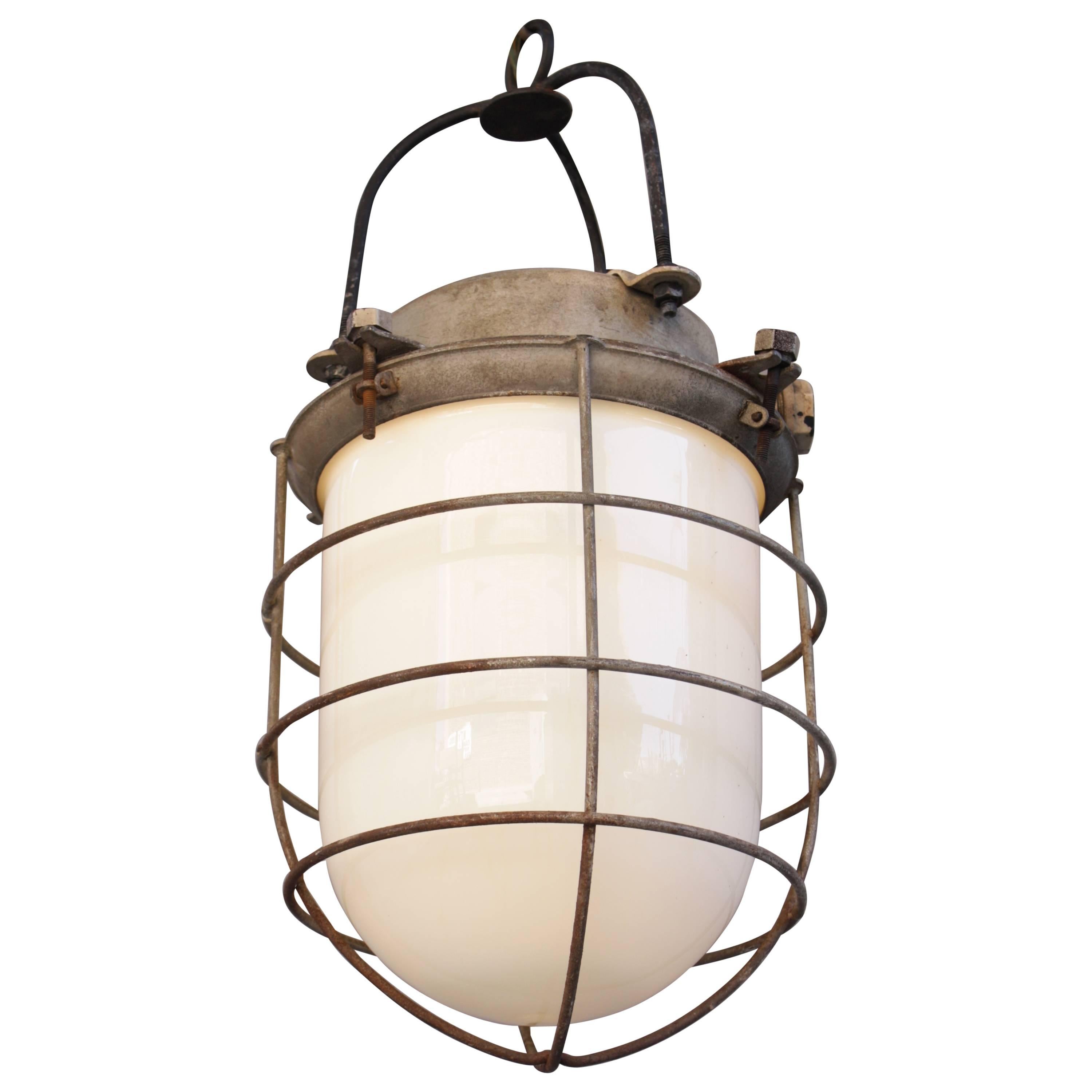 Vintage Industrial Pendant Light with Glass Globe For Sale