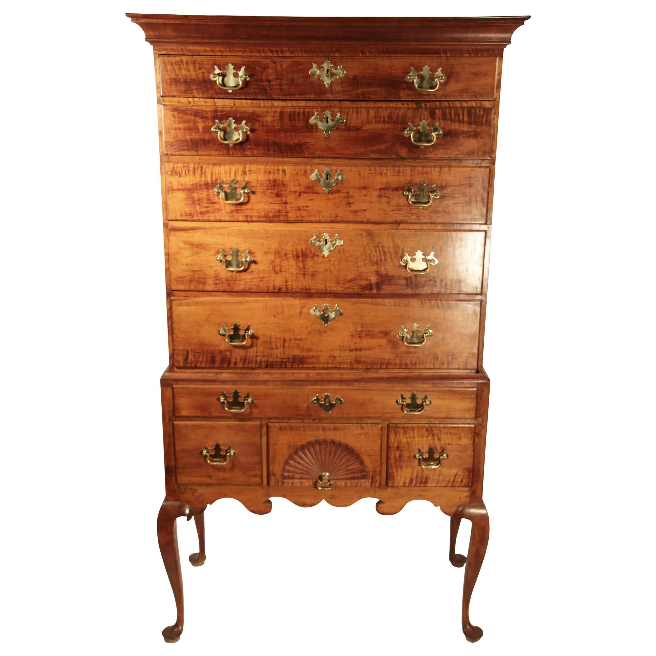 18th Century New England Queen Anne Tiger Maple Highboy