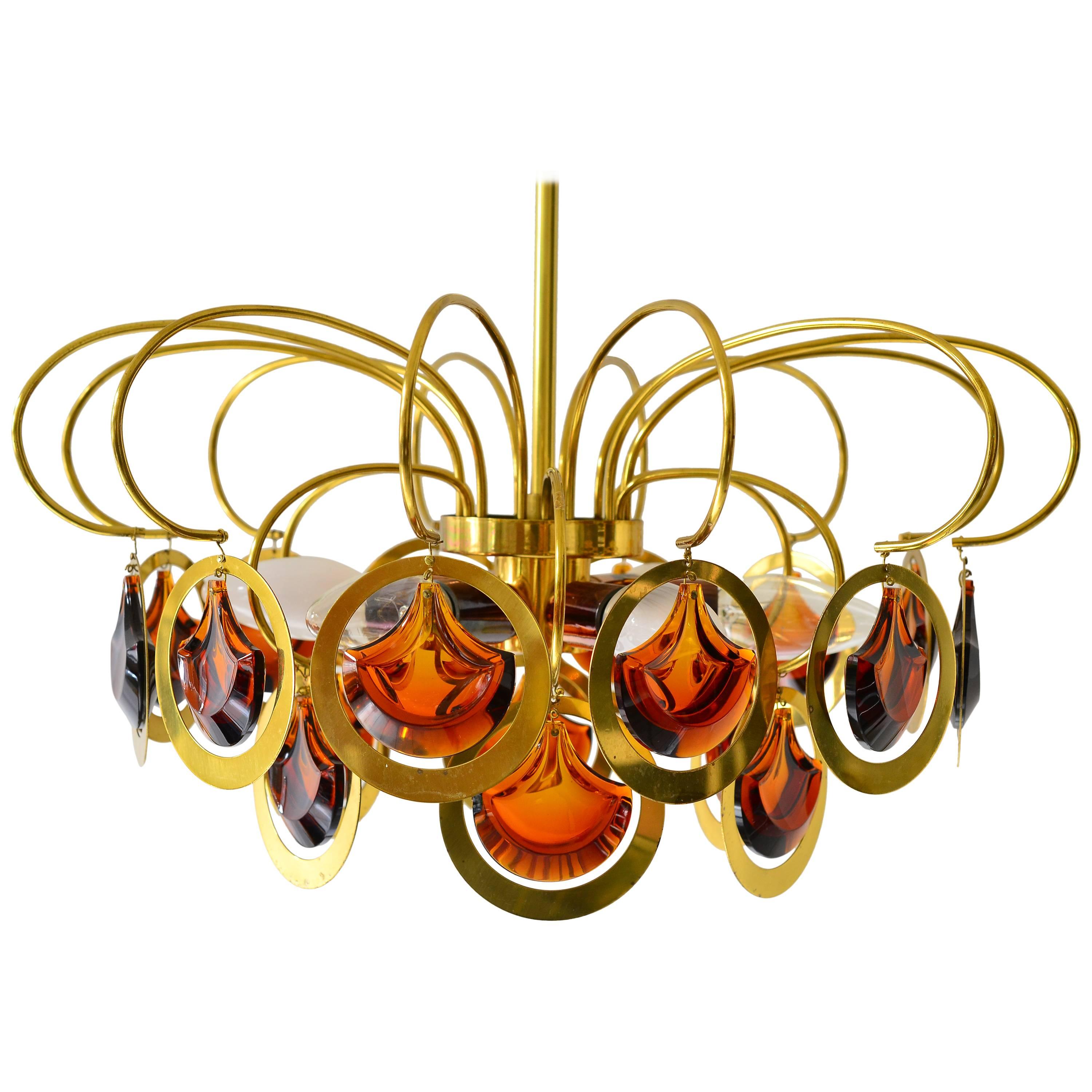 Italian Brass and Glass Chandelier in the Style of Sciolari For Sale
