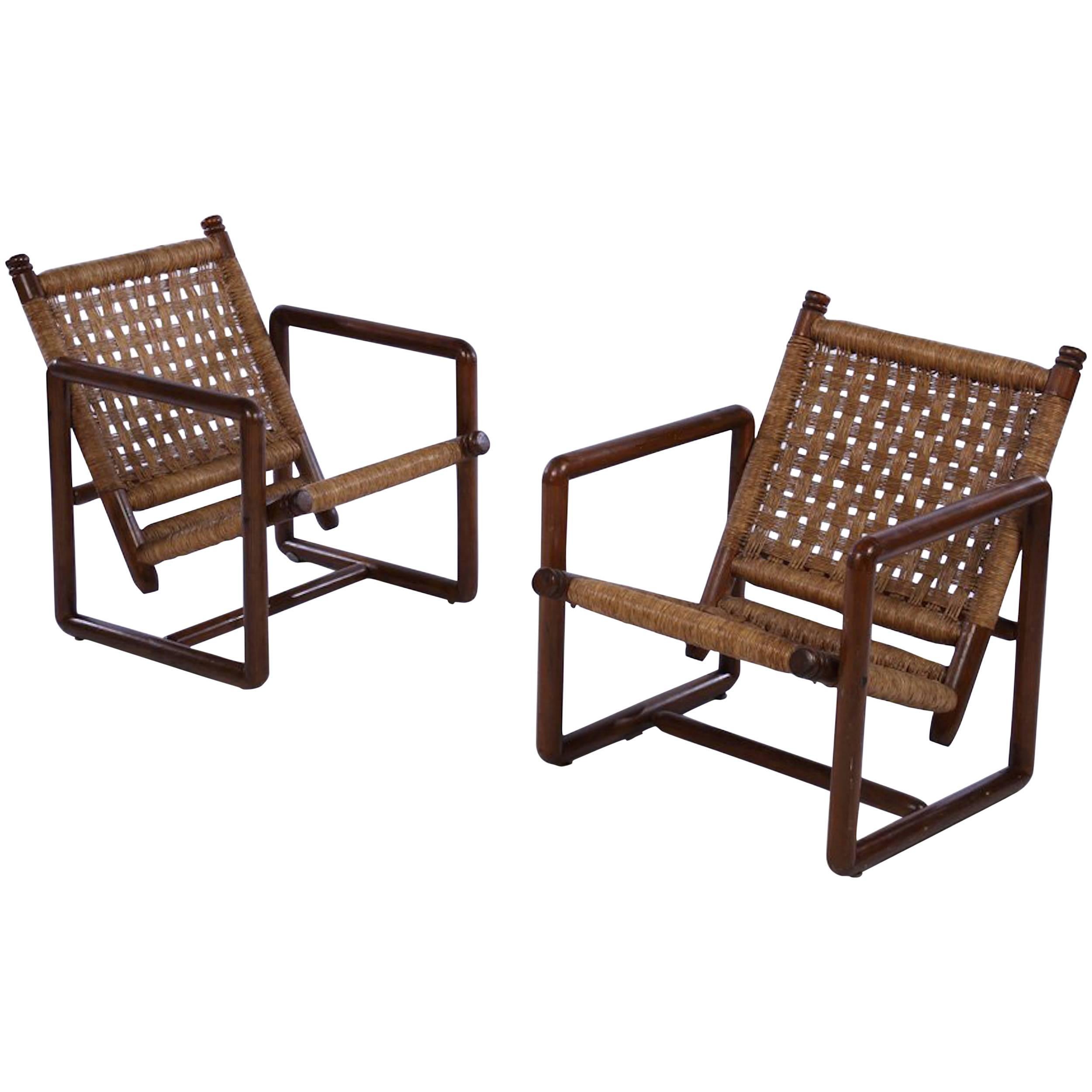 Pair of French Woven Rush Lounge Chairs, 1960