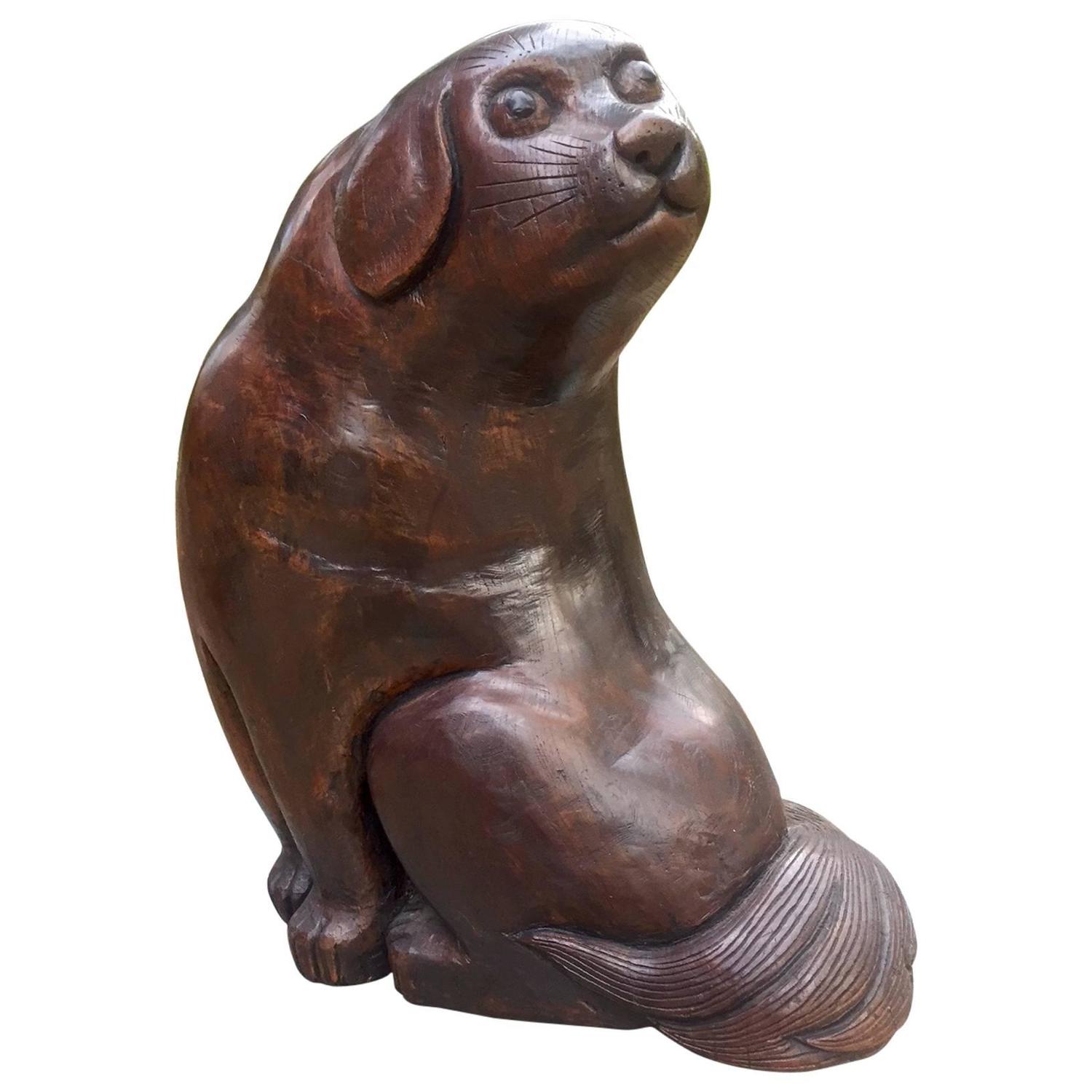 Japan Hand Carved Signed Wooden Dog 100 Years Old, Private Collection FREE SHIP For Sale at 1stdibs
