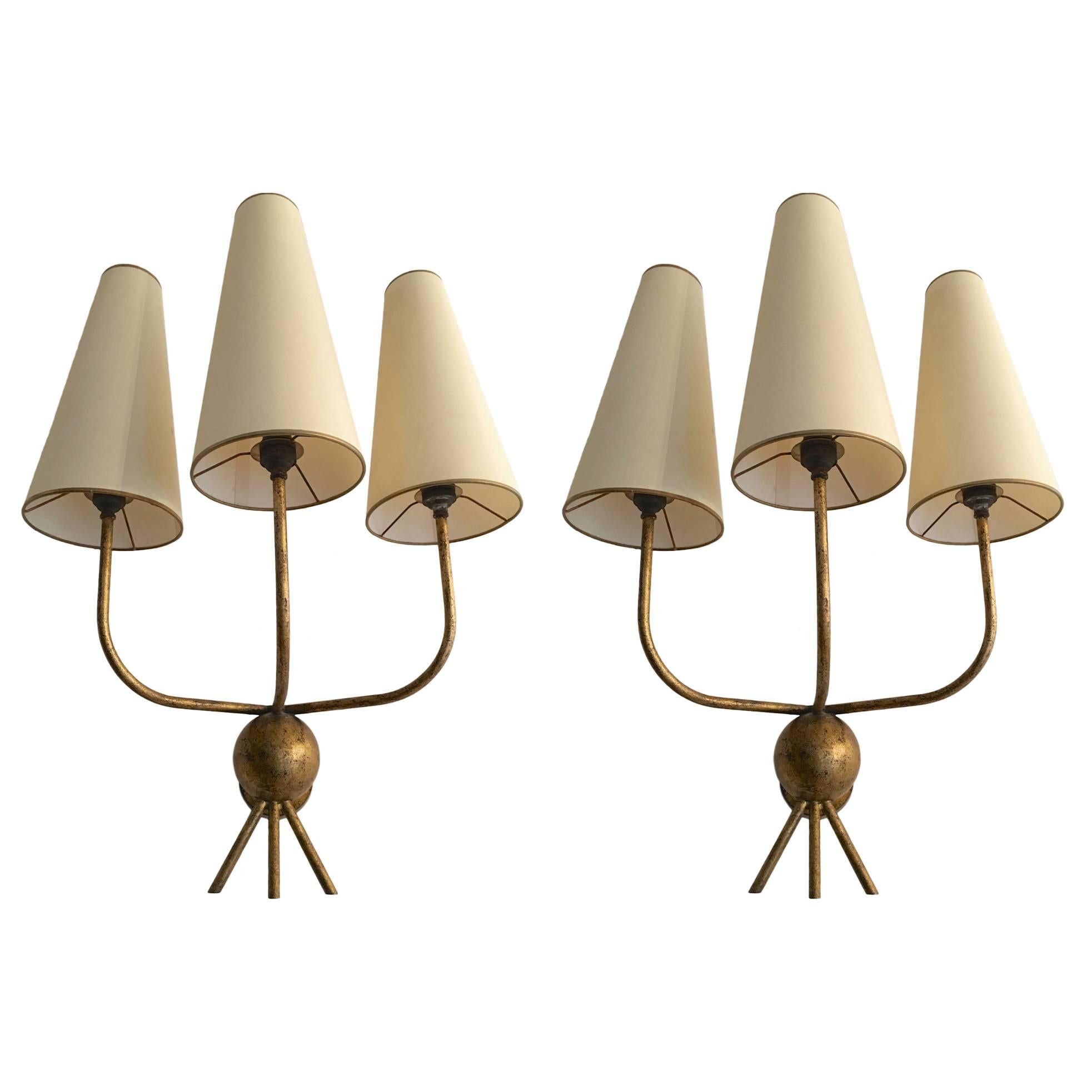 Jean Royère Pair of Gold Leaf Wrought Iron Sconces, Model "Hirondelle" For Sale