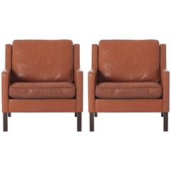 Pair of Vintage Danish Modern Leather Lounge Chairs in style of Borge Mogensen