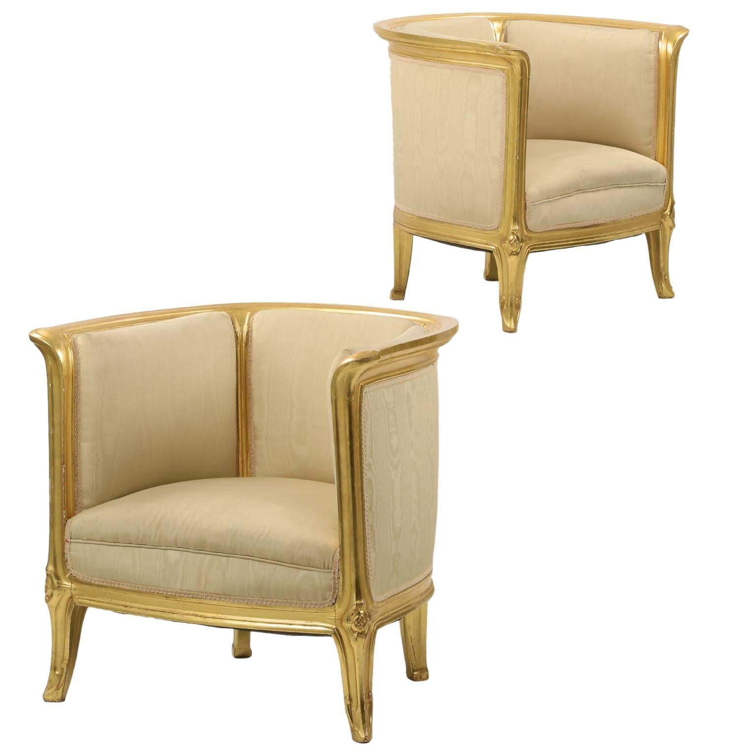 Pair of Art Nouveau Period Carved Giltwood Club Lounge Arm Chairs