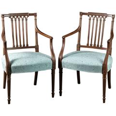 Antique Fine Pair of Carved Mahogany Sheraton Period English Armchairs, circa 1800