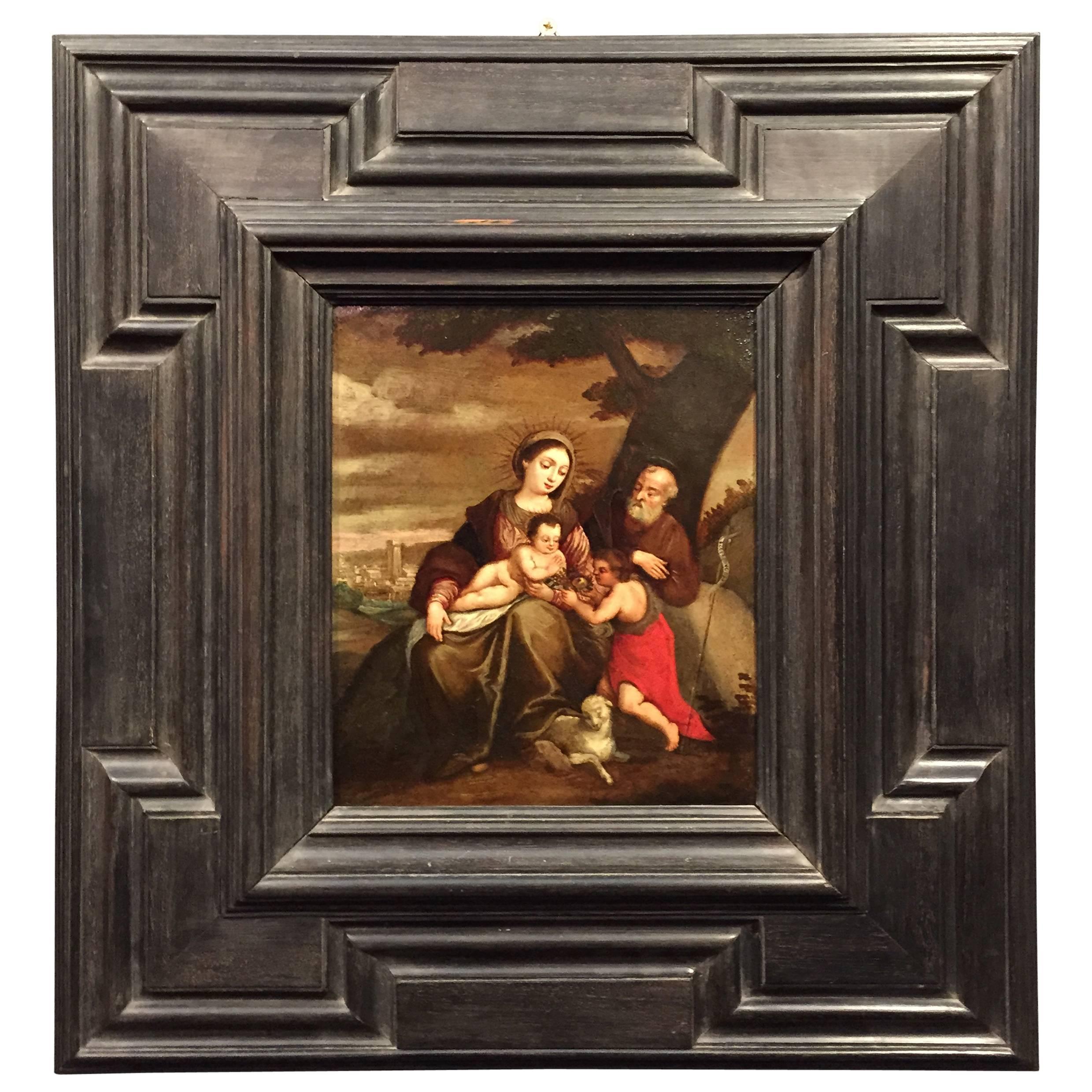 The Holy Family and Saint Jean Baptiste, Oil on Copper, Italy circa 1620 For Sale