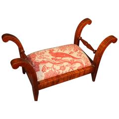 19th Century Tiger Maple Footstool with Toile Upholstery