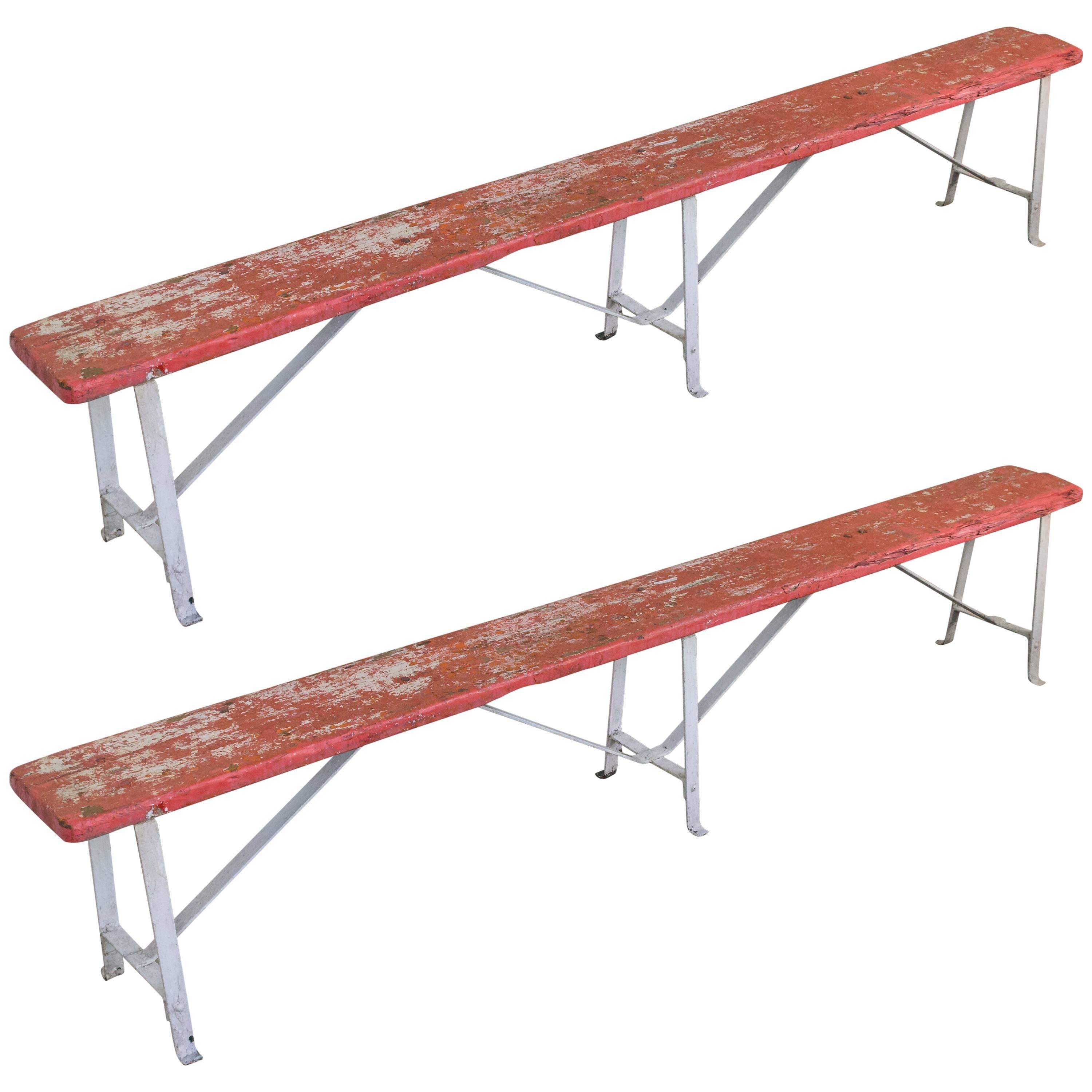 Pair of French Red and White Painted Industrial Benches