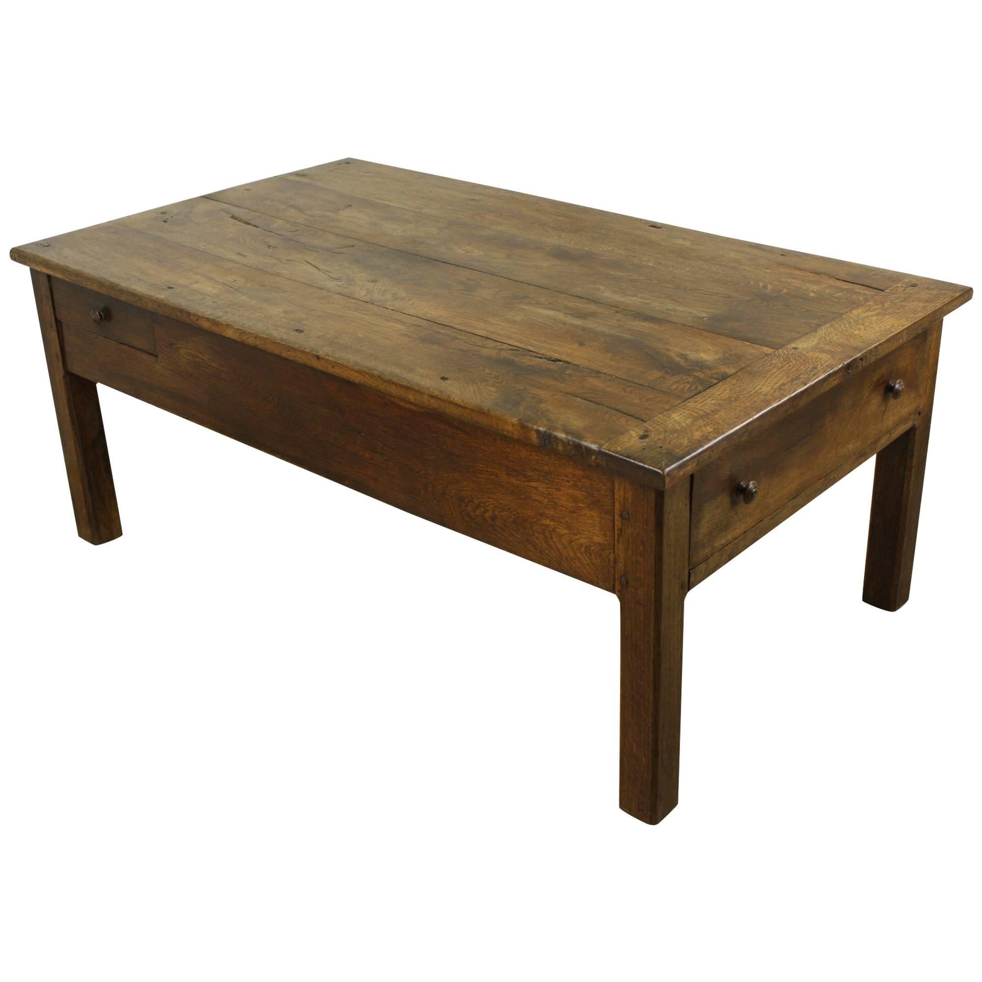 Antique French Oak Country Coffee Table, Two Drawers