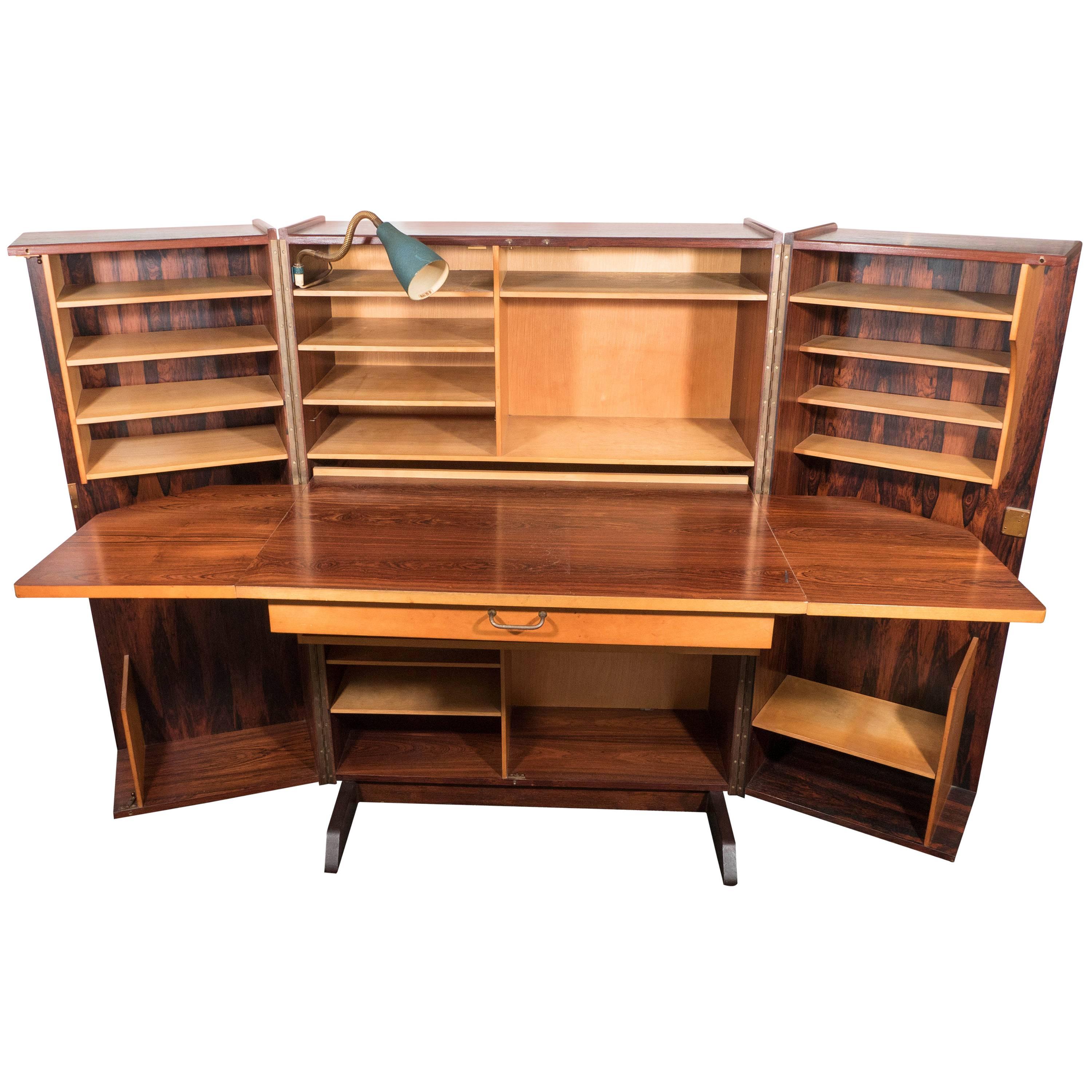 Midcentury Norwegian Hideaway Desk in Rosewood with Original Reading Light