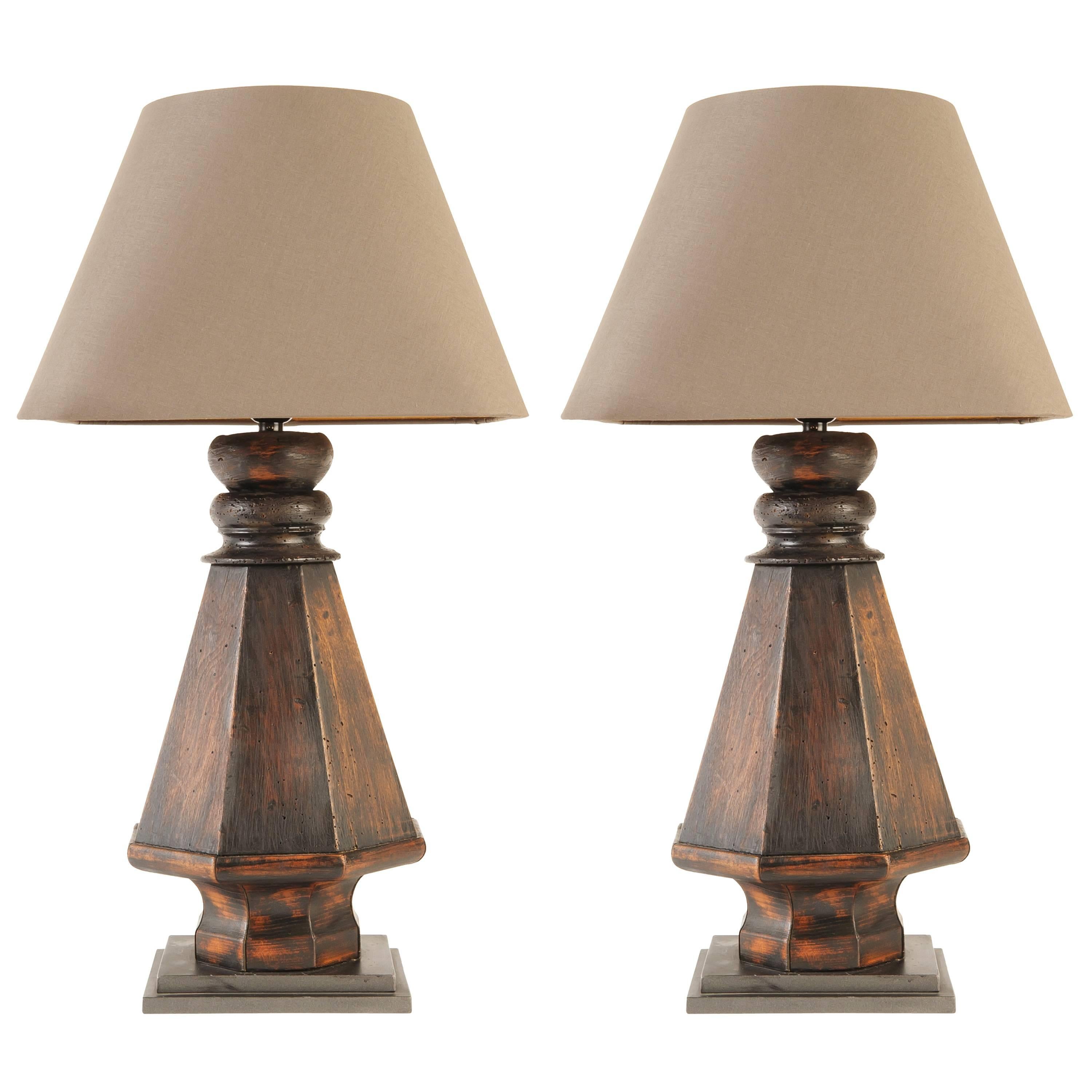 Pair of Wood Lamps, Billiard Table Legs, with Custom Linen Shade For Sale
