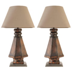 Pair of Wood Lamps, Billiard Table Legs, with Custom Linen Shade