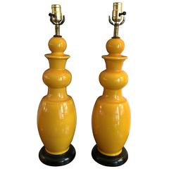 Pair of Mid-Century Modern Sunflower Yellow Ceramic Lamps