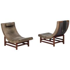 Very Rare Leo Johansson Easy Chairs in Green Buffalo Leather