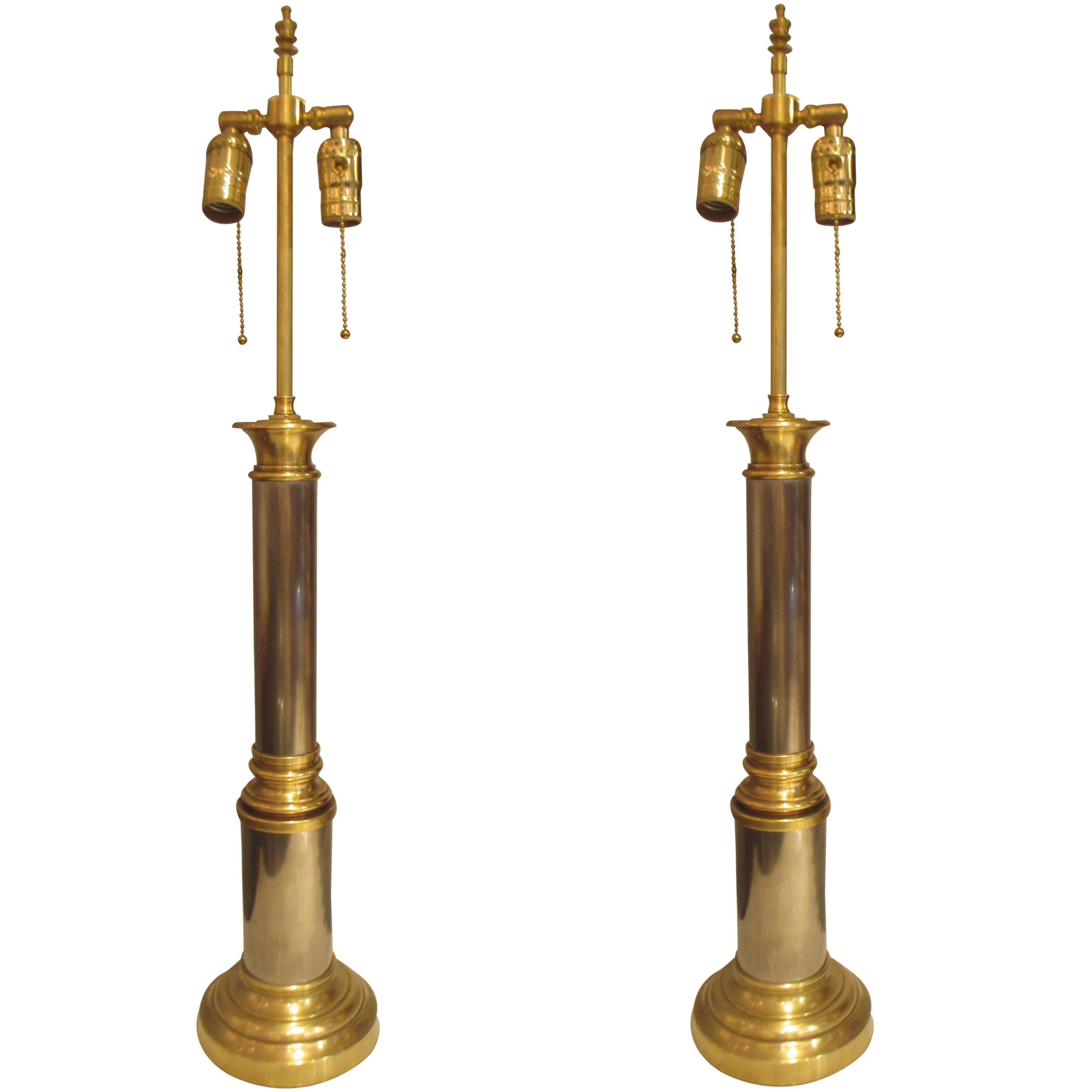 Pair of Brass and Chrome Column Lamps