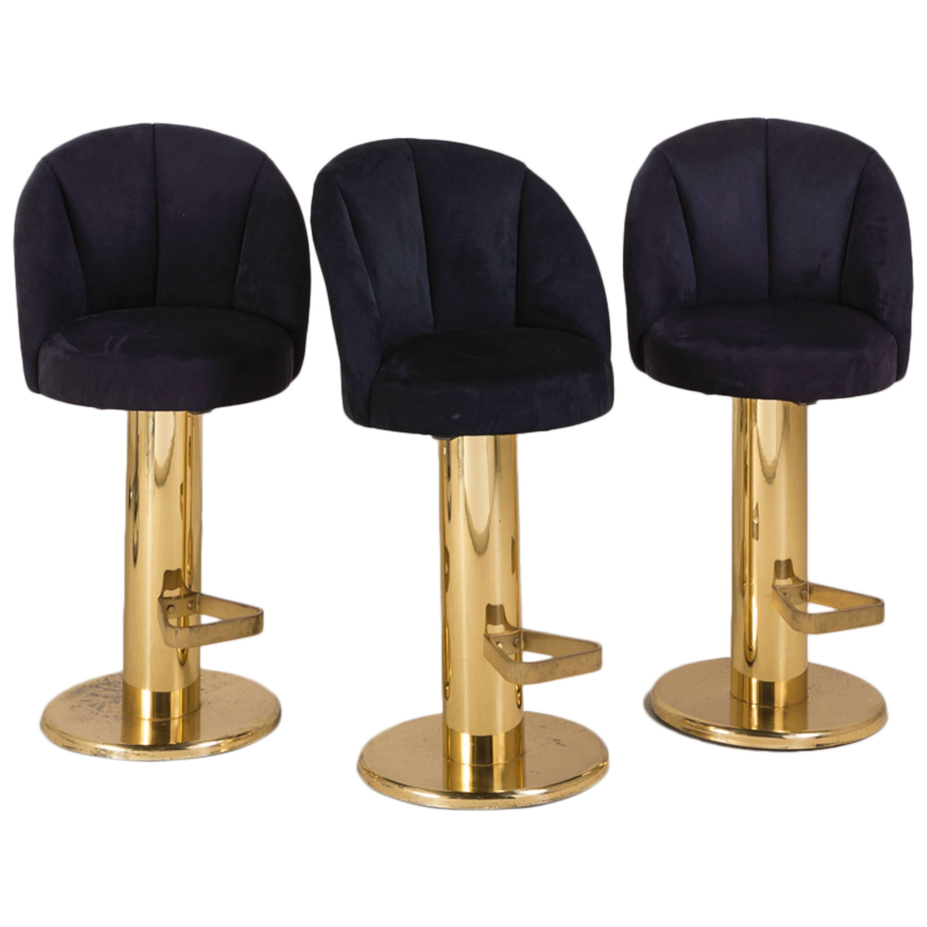 Superb Set of Three Brass Framed Upholstered Swivel Bar Stools 