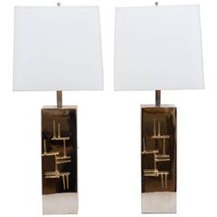 Pair of Chrome "Brutalist" Metal Lamps by Laurel Lamp Co., USA