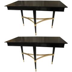 Pair of Sculptural Ebonized Consoles on Tripod Base with Bronze Stretchers 4