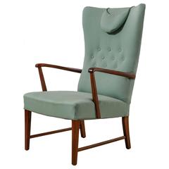 Danish High Back Lounge Chair with Mint Green Wool Upholstery, 1940s 7