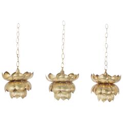 Three Polished Brass Lotus Lights or Pendants, Priced Individually