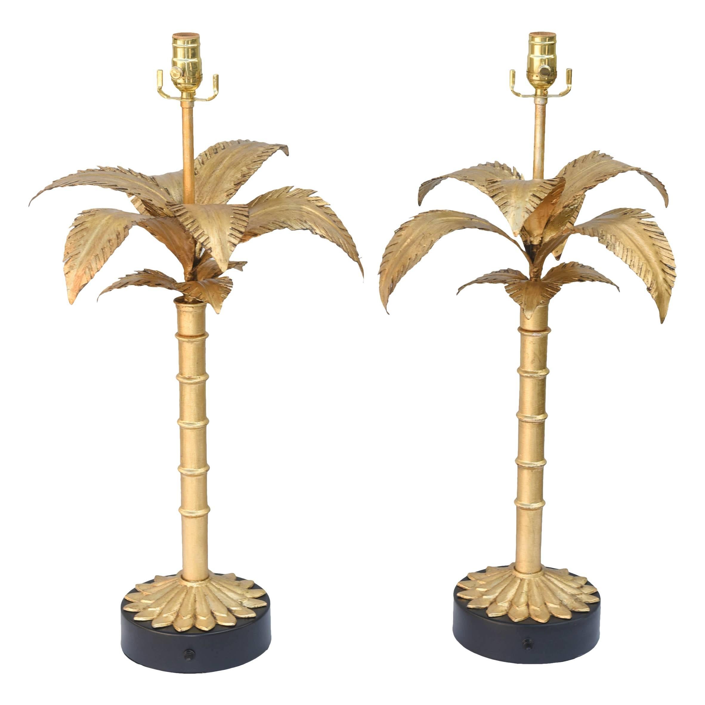 Pair of Gilded Iron Palm Tree Lamps For Sale