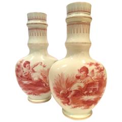 Beautiful French Glass Vases Painted with Playful Putti, circa 1890