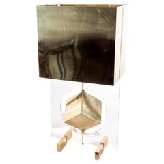 Unusual brass and acrylic lamp with suspended cube C. 1980s