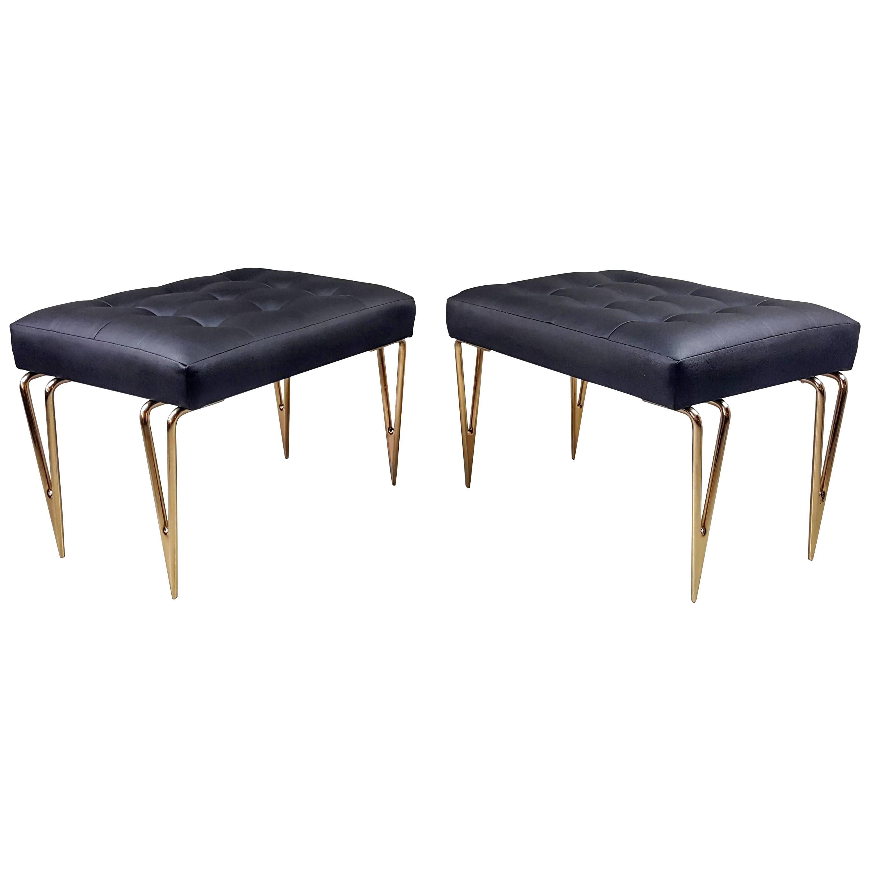 Pair of Hand-Forged Mirrored Bronze "Tweezer" Leg Stools in Italian Leather