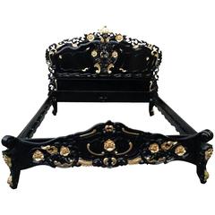 French Bed, Louis XV Baroque Style Bed in Black Gold Leaf, Full-Size