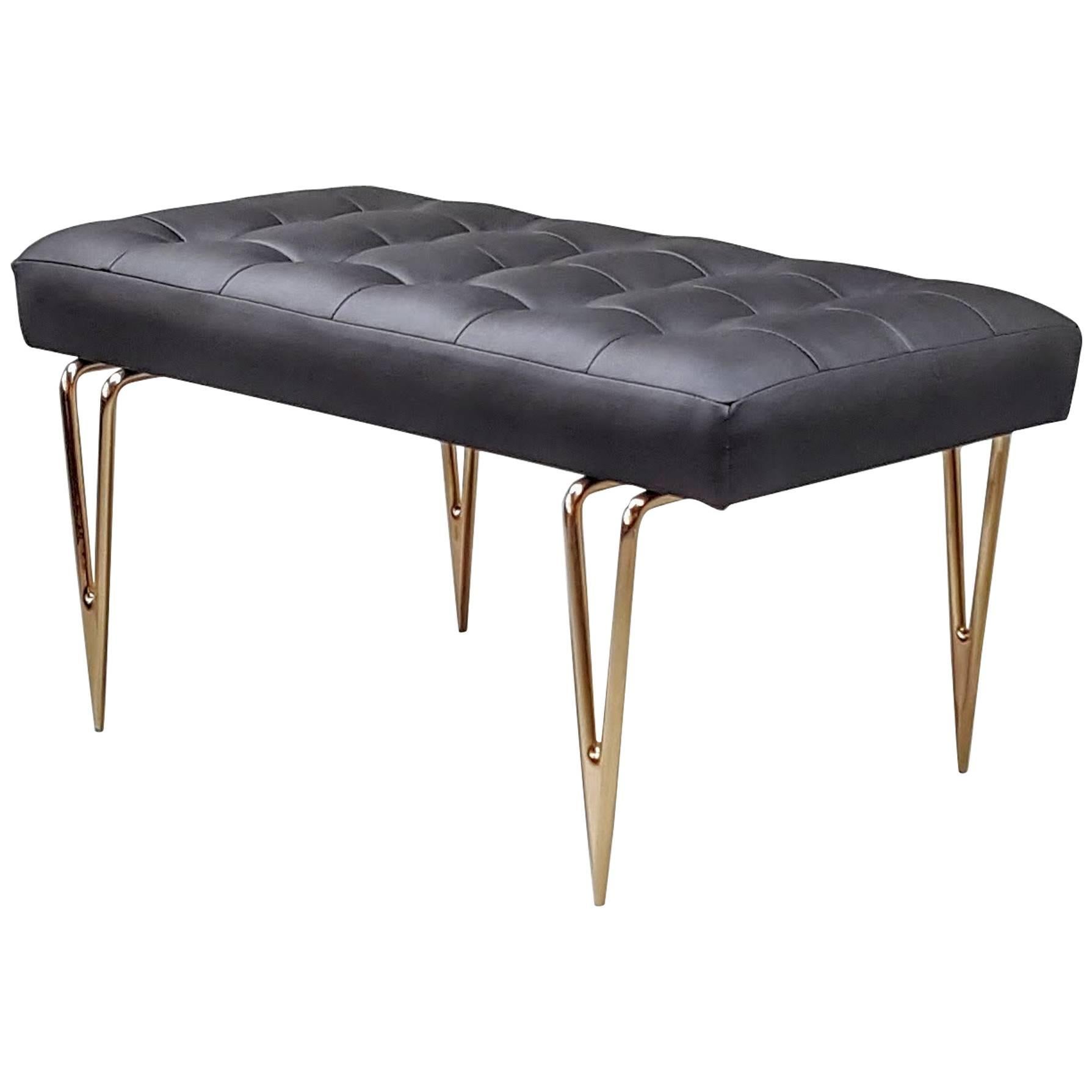 Hand-Forged Mirrored Bronze "Tweezer Leg" Italian Leather Bench by Refine Studio