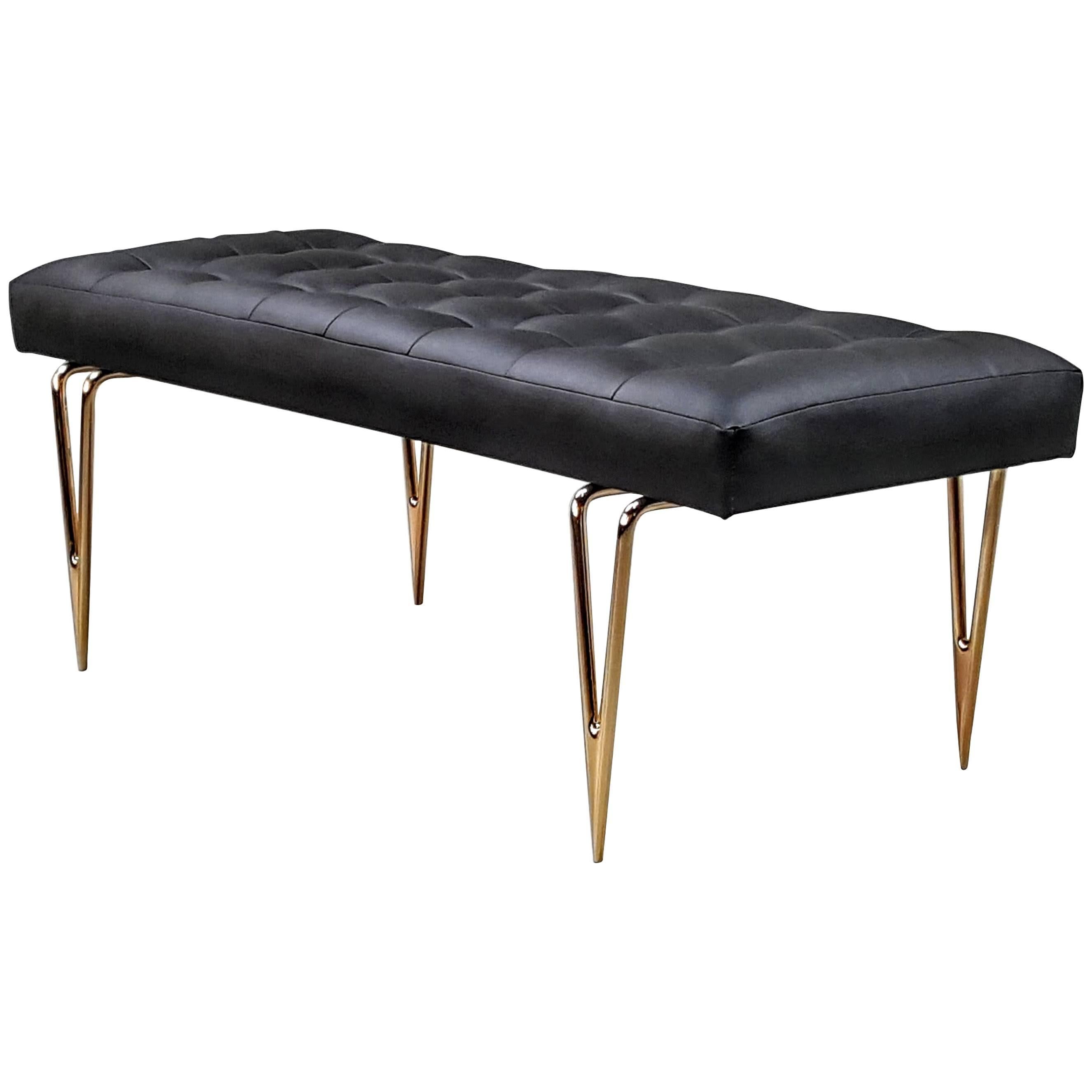 Hand-Forged Mirrored Bronze "Tweezer" Leg Italian Leather Bench by Refine Studio