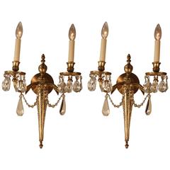 Vintage Pair of French Bronze and Crystal Wall Sconces