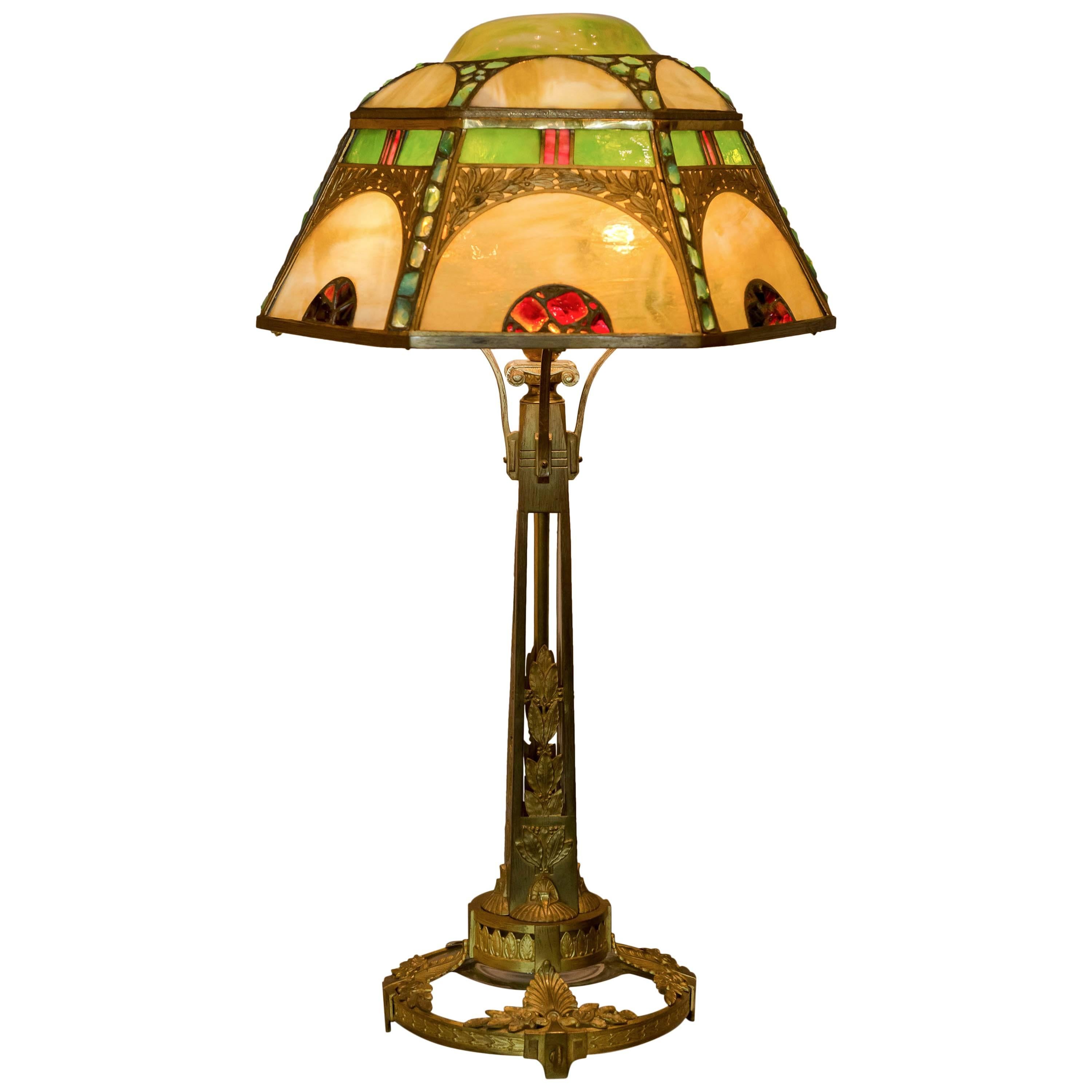 Monumental Austrian Gilt Bronze and Jeweled Table Lamp