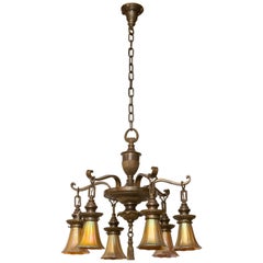 Six-Arm Bronze Edwardian Chandelier with Art Glass Shades