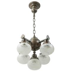 Antique Five-Arm Bronze Chandelier with Cut Glass Shades