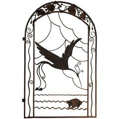 William Hunt Diederich Style Art Deco Wrought Iron Gate with Heron and Fish