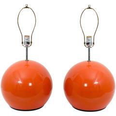 Pair of Midcentury Metal Orange Sphere Table Lamps
